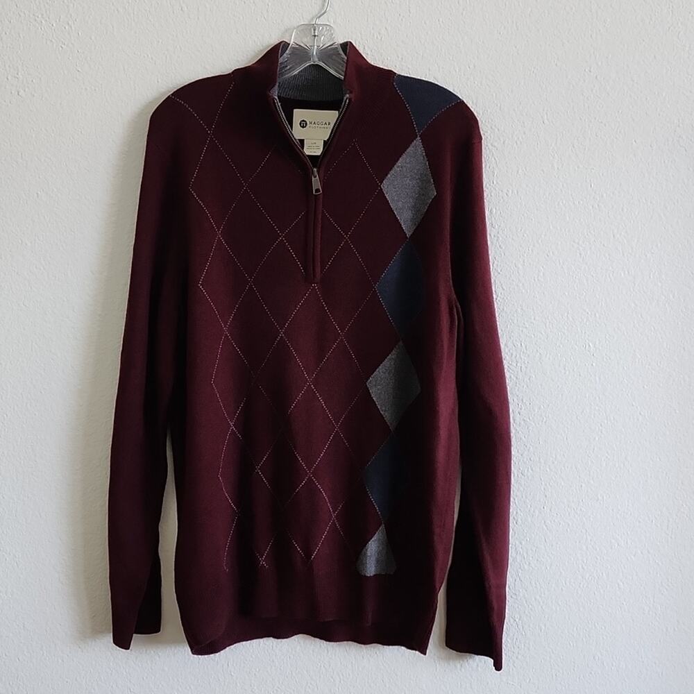 HAGGAR Sweater Argyle Long Sleeve Quarter Zip Checkered Size Large Maroon